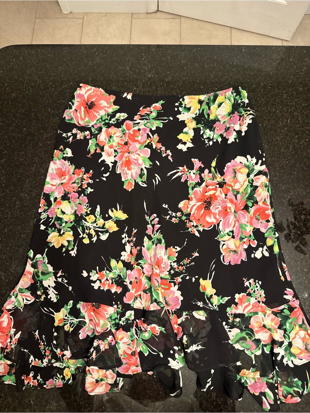Floral Ruffle Hem Skirt - Black with Pink & Green Floral